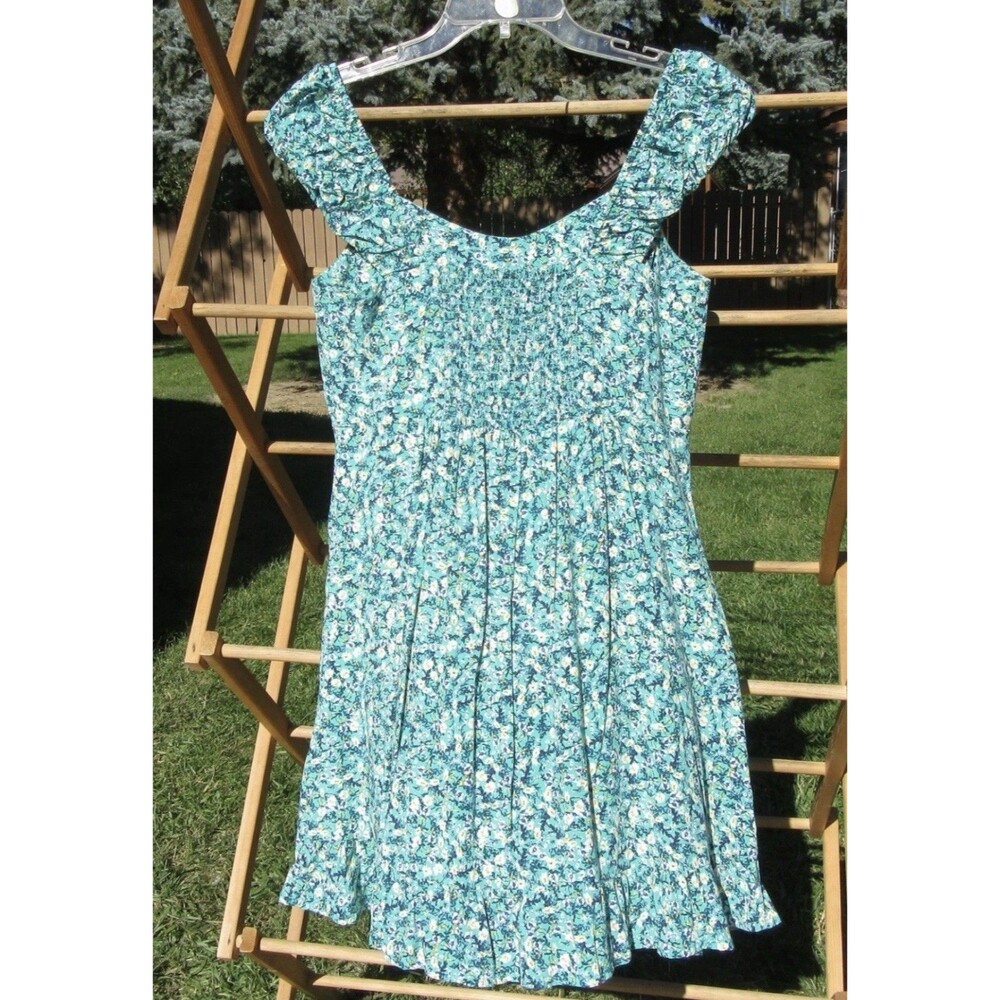 Old Navy Sundress Size Medium Green Blue Teal Floral Puff Cap Fit & Flare Dress